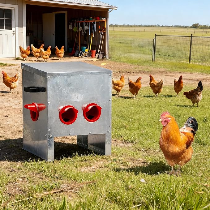 Automatic Chicken Feeder No-Waste, Metal Poultry Feeder Large Capacity for Chickens, Geese, Ducks, Turkeys, Quails (4 Ports)