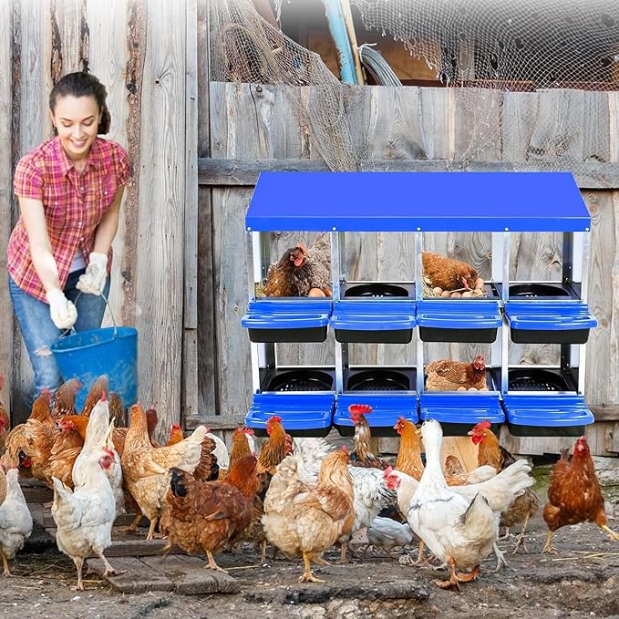Chicken Nesting Box, 8 Hole 2 Layer Hen Nest Boxes, Roll-Away Egg Collection System with Ventilation Holes，Rustproof Plastic Tray & Keyhole Mounting, Chicken Laying Box