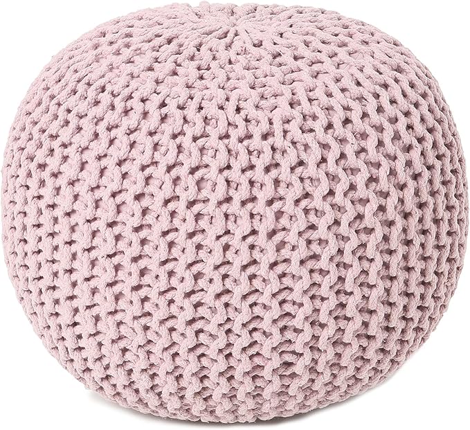 REDEARTH Round Pouf Ottoman - Hand Knitted Boho Poof Home Décor Pouffe Circular Footrest for Living Room - Bedroom - Lounge - 100% Cotton (19.5"x19.5"x14") - Pale Pink