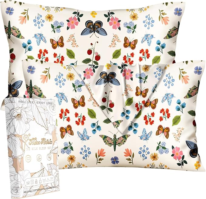 Silk Pillowcase 2 Pack - Pillow Cases 20" x 36" King Size Set of 2 for Hair and Skin Smooth Soft Breathable with Hidden Zipper Cooling Pillow Covers for Sleeping, Butterfly Leaf