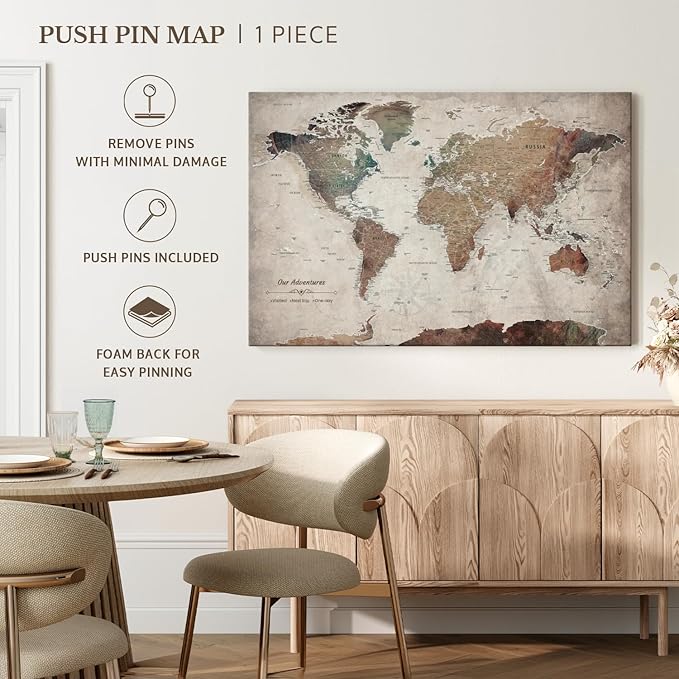 ElephantStock - Our Adventures World Map With Push Pin Iii Wall Art - Horizontal Canvas Wall Art - Living Room Wall Decor - Printmaking Map Canvas Art - Beige And Brown Decor - 51" x 34"