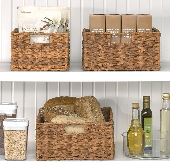 mDesign Woven Farmhouse Kitchen Pantry Food Storage Organizer Basket Bin Box - Container Organization for Cabinets, Cupboards, Shelves, Countertops - Store Potatoes, Onions, Fruit, 6 Pack, Camel Brown