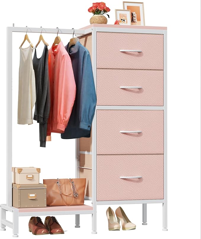 Dresser with Hanging Rack, 4 Drawers Small Closet for Bedroom, Reversible Fabric Kids Chest of Drawers with Clothes Rack, Tall Storage Tower, Sturdy Frame, Pink, 44''H
