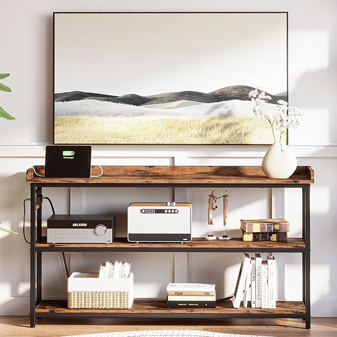 IRONCK Console Table, Sofa Table with Power Outlet, Farmhouse Hallway Table for Entryway, Living Room, Height Adjustable, Easy Assembly, Rustic Brown,55"