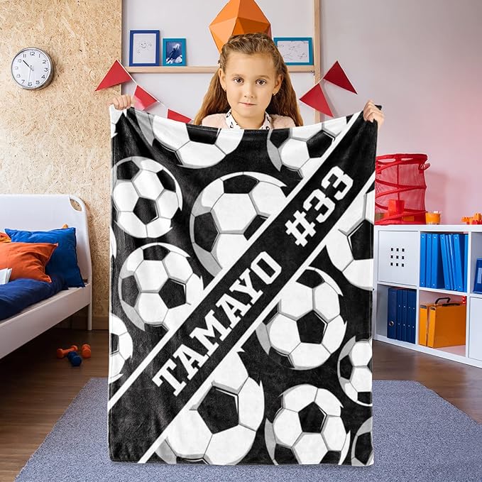 Custom Kids Soft Blanket: Personalized Gift for Soccer Football Basketball Softball Lovers Name and Number - Flannel Toddler Bed Blankets (60X80inch)