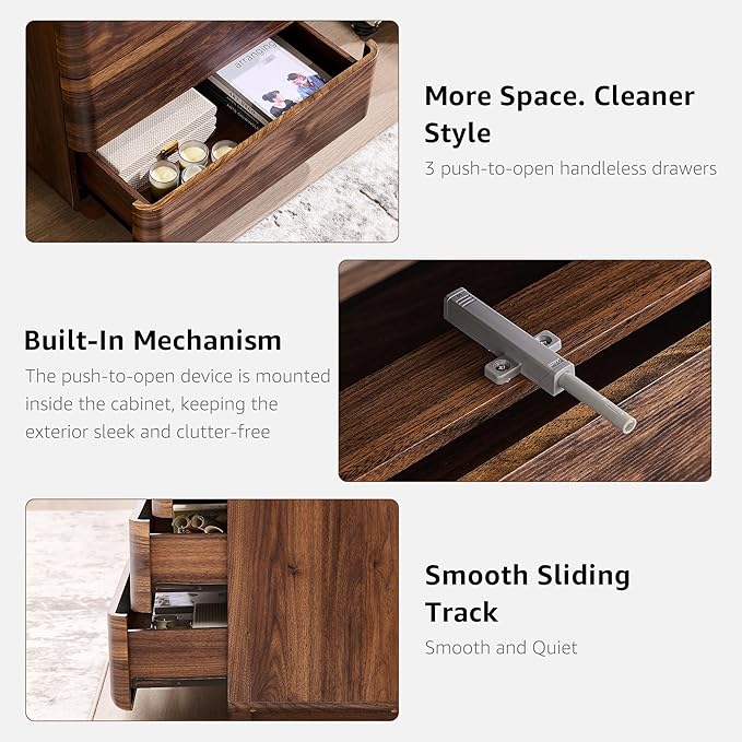JXQTLINGMU 22" Modern Nightstand Set of 2 with Charging Station, Large Push-to-Open End Table, Wood Bedside Table, Curved Profile, Handleless 3 Drawer Night Stand for Bedroom, Living Room, Brown