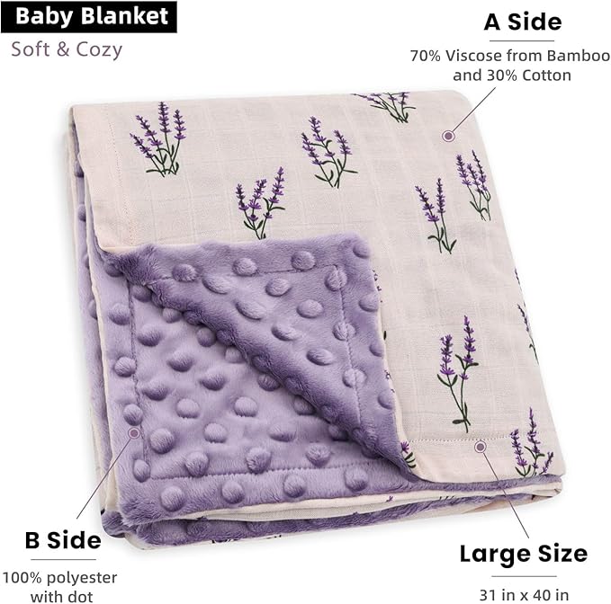 LifeTree Baby Blankets for Boys Girls, Soft Double Layer Swaddle Blankets, Muslin Front and Dotted Fleece Backing Receiving Bed Throw Blanket for Newborn Unisex, 31X40 Inches, Lavender