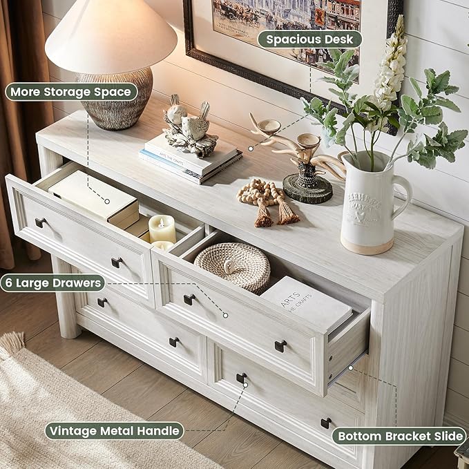 Farmhouse 6 Drawers Dresser for Bedroom, White Dressers, 52" Wide Rustic Wood Chest of Drawers with Natural Texture, Metal Handle, Storage Closet Dressers for Bedroom, Living Room