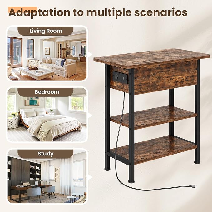 End Table with Charging Station, Flip Top Side Table with USB Ports and Outlets, 3-Tier Small Side Table with Storage for Small Space, End Tables for Living Room/Bedroom, Brown
