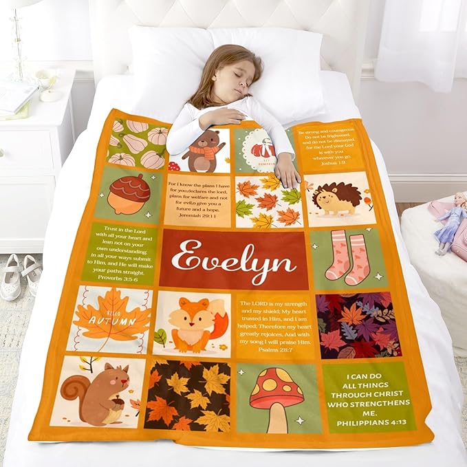 Custom Name Fall Blanket Autumn Soft Cozy Harvest Blanket for Verse Blankets with Inspirational Thoughts and Prayers Religious Boys Girls Kids Adults Halloween Christmas Birthday Christian Gifts