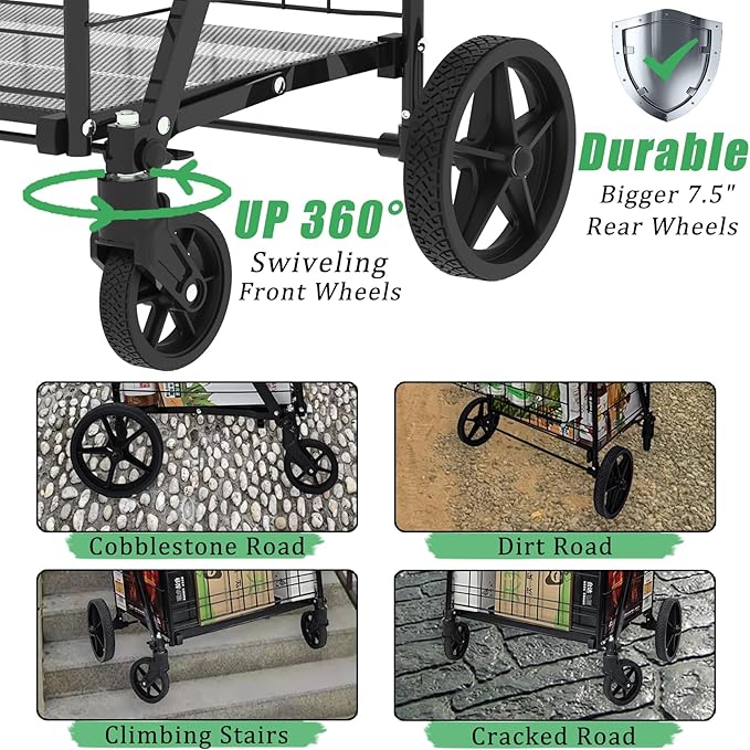 Heavy Duty Folding Shopping Cart with 360° Swivel Wheels, Waterproof Bag, Jumbo Utility Carts for Grocery, Laundry, Holds Up to 440 LBS, 37.5 Gallon