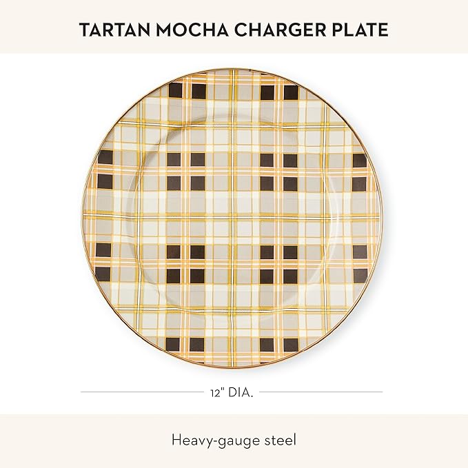 MACKENZIE-CHILDS Enamel Charger Plate, Charger Decoration Plate for Dinner Plates or Home Decor, 12 Inches, Brown-and-Gold Tartan Mocha