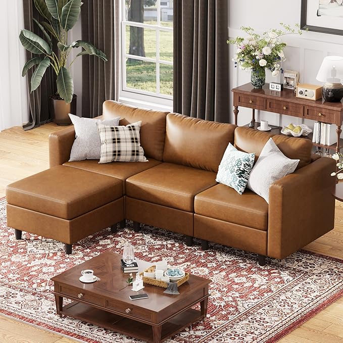 91.5" Faux Leather Modular Sectional Sofa, L Shaped Couch Set for Living Room, 3-Seater Comfy Cloud Couches with Movable Storage Ottoman,DIY Combination - Brown