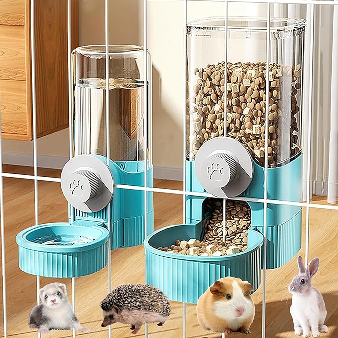 Hanging Automatic Food Feeder and Water Dispenser Bunny Gravity Feeding Station Waterer Set Self-Dispensing Feeder for Rabbit,Ferret,Guinea Pigs Chinchillas Hedgehog