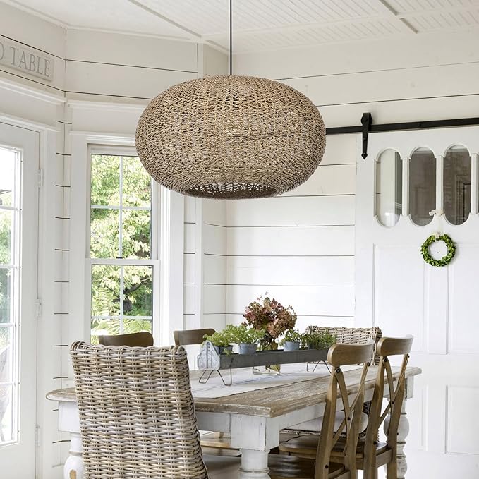 Arturesthome Large Natural Hand Weaved Rattan Pendant Lamp,Coastal Beach Boho Chandelier for Kitchen Hallway Bedroom Dinning Room Living Room Dia 23.6 in