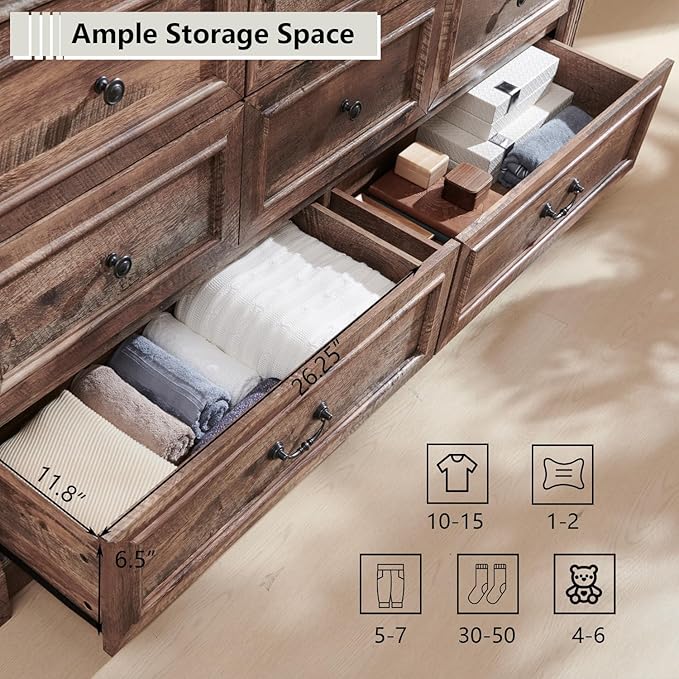 8 Drawers Dresser for Bedroom, Farmhouse 61" Wide Dressers & Chests of Drawers w/Roman Column, Large Storage Dressers Organizer w/Two Different Drawer Sizes for Bedroom,Living Room,Light Brown