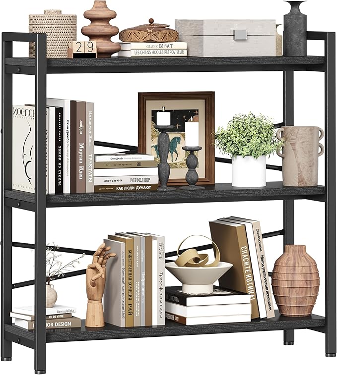 Book Shelf, 3 Tier Bookshelf 31.49" Width, Book Shelf Storage and Organization, Wooden and Metal Industrial Bookcase, Large Book Shelves for Home Living Room Bedroom Office Storage(Black)