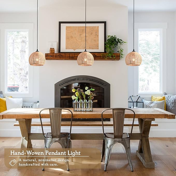 3 Pack Wicker Pendant Light Natural Woven Pendant Light Boho Chandelier Light Fixture Dome Rustic Farmhouse Pendant Lights Rattan Light Fixture for Dining Room Kitchen Island (Bulb Incl.)