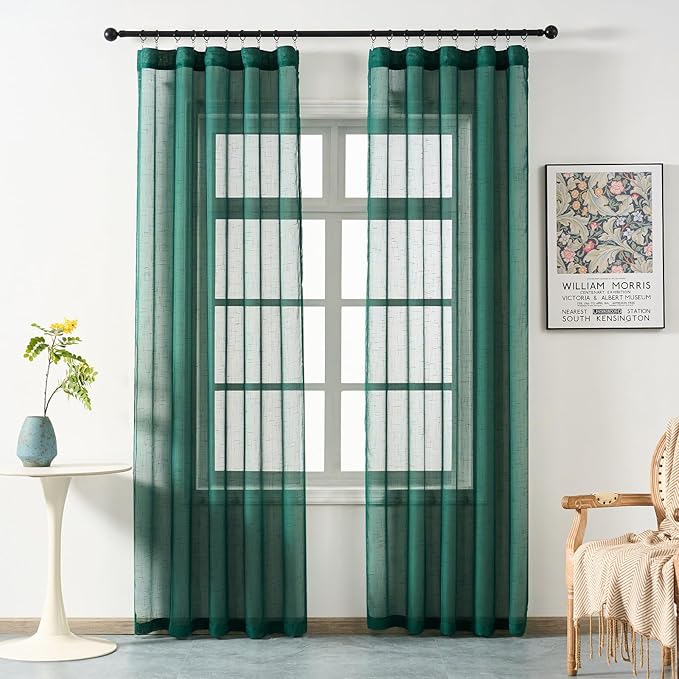 Emerald Green Curtains Sheer 108 Inch Long, Dark Linen Look Textured Light Filtering Drapes, Hunter Green Transparent Window Decor, Floor to Ceiling Pinch Pleat Curtain with Hooks