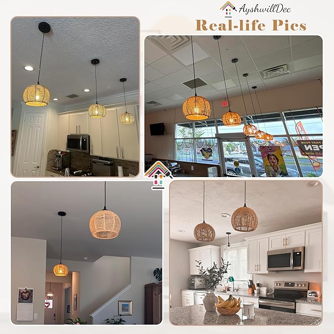 3 Pack Wicker Pendant Light Natural Woven Pendant Light Boho Chandelier Light Fixture Dome Rustic Farmhouse Pendant Lights Rattan Light Fixture for Dining Room Kitchen Island (Bulb Incl.)