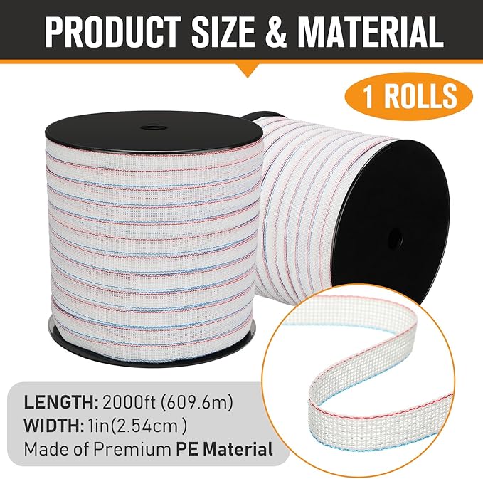 1 Roll 1 Inch x 2000 ft Electric Fence Tape for Livestock Polytape Fencing Horse Fence with High Visibility