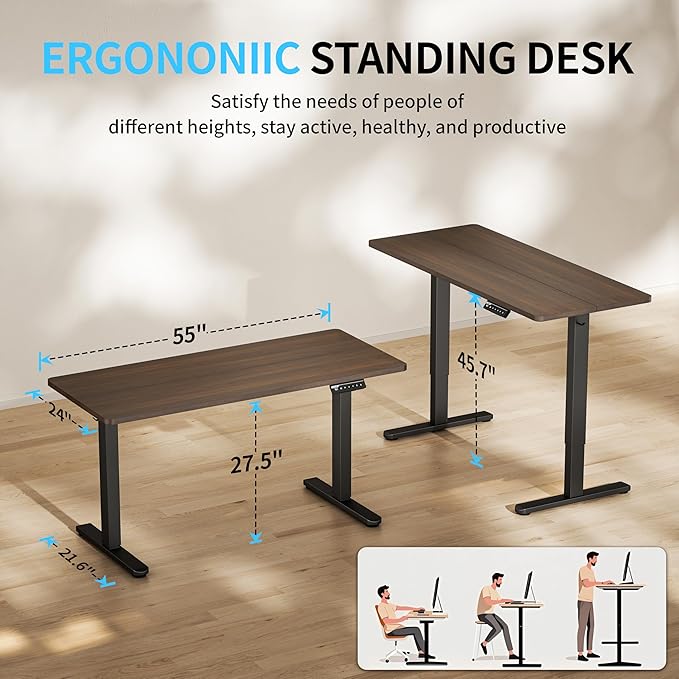BIZUM Electric Standing Desk, 55x24 inches Height Adjustable Desk, Sit to Stand Desks Memory Gaming Computer Workstation for Home Office, Dark Walnut