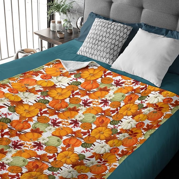Thuswarm Autumn Harvest Pumpkins Print Flannel Blanket for Autumn Winter Gifts Warm Cozy Soft Funny Print Throw for Bed Couch Sofa 50”×40” Small for Kid