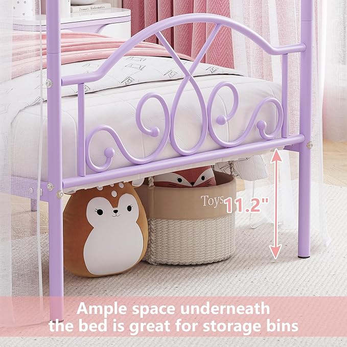 Weehom Princess Canopy Bed Frame with 4 Posters, Sturdy Metal Platform with Headboard&Footboard No Box Spring Needed Twin Size Bed for Kids Girls Adults,Purple