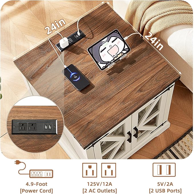 24" End Table Set of 2 with Charging Station, Farmhouse Night Stand with Glass Barn Door, Nightstands with Adjustable Storage Shelf, Large Wood Square Bed Side Table for Living Room,Bedroom