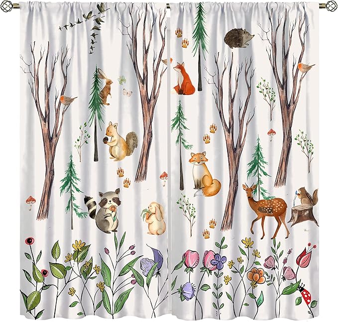 Forest Animal Kids Curtains, Watercolor Cartoon Window Treatments, Cute Animal Floral Girl Toddler Home Bedroom Living Room Drapes 42x45 Inch