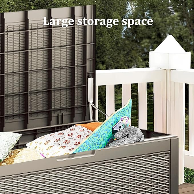 Multi-Functional 100 Gallon Patio Storage Bench - Waterproof Outdoor Deck Box & Storage Cabinet, Lockable Resin Chest for Pool/Garden Accessories, UV-Resistant, Weathered Grey