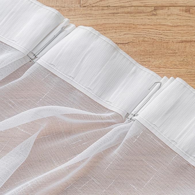 White Sheer Curtains 102 Inch Long 2 Panels, Thin Textured Linen Look Drapes for Living Room, Rustic See Through Window Treatments Decor, DIY Pinch Pleat Sliding Glass Door Curtain
