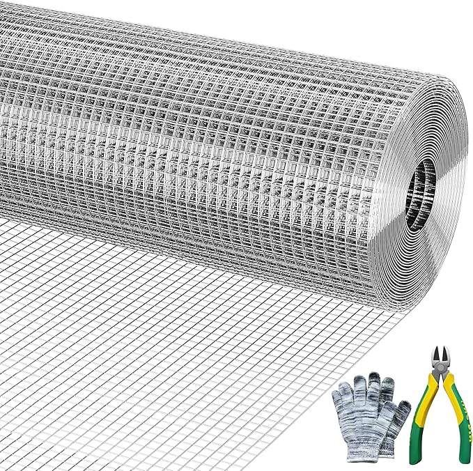 Hardware Cloth, Chicken Wire Mesh 1/2 inch 48in x 100ft, Chicken Wire Fence Rolls for Garden Plants, for Chicken Coops and Pet Fences Heavy Duty Cutting Pliers and Gloves