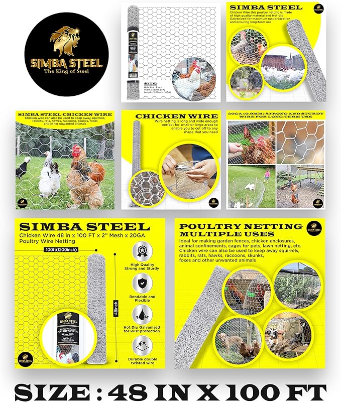Chicken Wire 48 in x 100 FT x 2” Mesh x 20GA | Poultry Wire Netting | Hot Dipped Galvanised | Hexagonal Galvanized Mesh for Chicken Coop, Rabbit Cage, Fence Barrier PM48x100x2