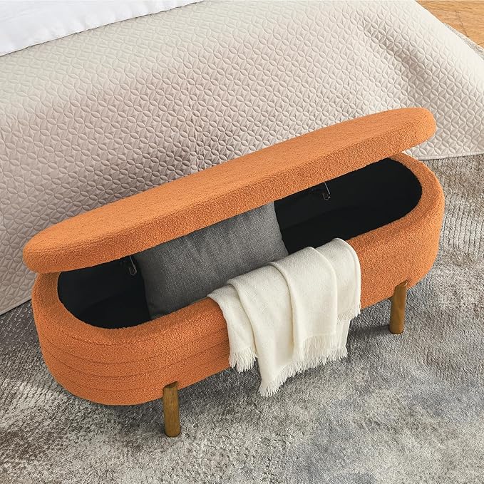Furniliving 46” Storage Benches, End of Bed Bench with Button-Tufted Large Upholstered Storage Ottoman Teddy Window Bench with Storage Shoe Cabinet Bench, for Bedroom, Entryway, Closet, Orange