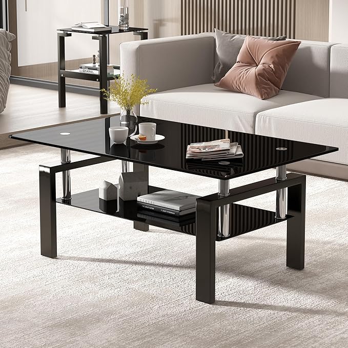 Black Glass Coffee Table for Living Room, Mordern Rectangle Tempered Glass Sofa Center Tables with Black Metal Leg for Home Office