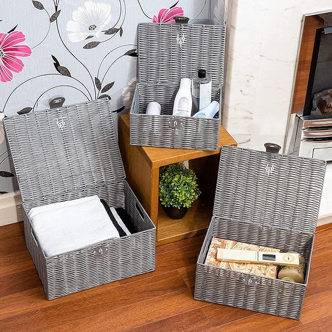 Set of 3 Woven Storage Basket Bin Wicker Hamper Stackable Box with Lid & Lock, Container Tote Cube Organizer for Nursery, Baby Toiletry, Diaper, Toys, Home Closet, Laundry, DVD, Book (Grey)