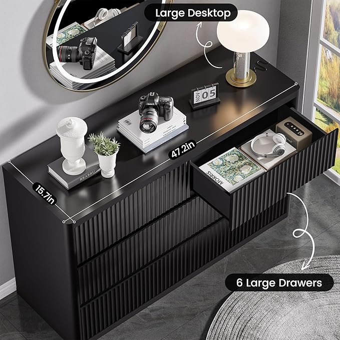 Black Dresser for Bedroom with 6 Double Drawers, 48" Wide Wooden Chest of Drawers with Curved Profile, Modern Fluted Dresser TV Stand, Wood Closet Clothes Storage Organizer for Living Room