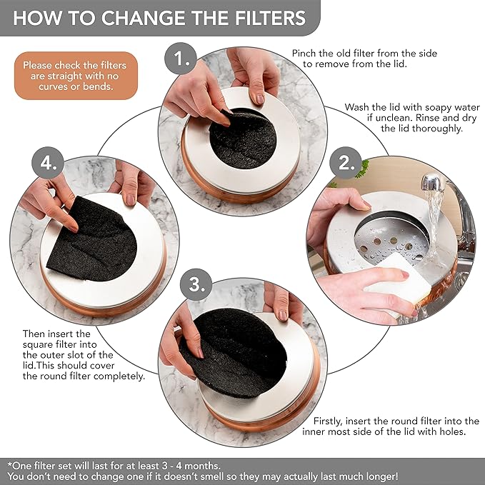 RED FACTOR Premium Compost Bin for Kitchen Countertop - Stainless Steel Food Waste Bucket with Innovative Dual Filter Technology - Includes Spare Filters (Matt Copper, 1.3 Gallon)