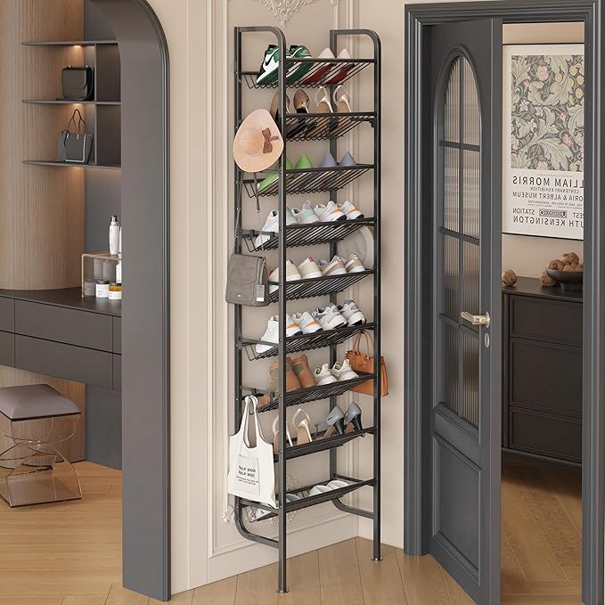 UMDONX 9 Layer Shoe Rack for 18 Pairs Shoes, Freestanding Shoe Organizer with 12 Hooks & 8 Adhesive Pads, Space-Saving Vertical Storage for Entryway and Walk-in Closet