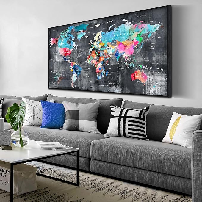ZHAOSHOP World Map Canvas Wall Art with Frame - Office Artwork Wall Decor - Teal and Gray Wall Art for Living Room Large Size Ready to Hang Size 29" x 59"