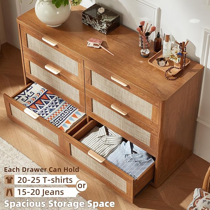 LEYAOYAO Rattan Dresser and Nightstand Sets 3 Piece, Boho Wood Dresser for Bedroom with 6 Drawers and Night Stand with Charging Station, Bedroom Furniture, Dressers & Chests of Drawers, Living Room