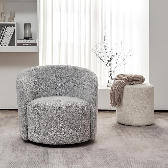 KINWELL 34" Boucle Swivel Barrel Chair with 18" Round Ottoman Set, Fully Assembled Set of Sherpa Accent Chair and Footrest, Modern Comfy Armchair and Footstool for Living Room and Bedroom, Black White
