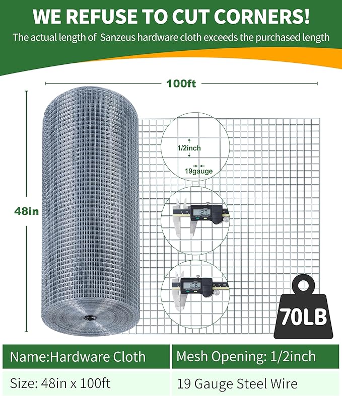 Hardware Cloth,1/2inch 48inx100ft 19 Gauge,Double-Layer Hot-Dip Galvanizing After Welding,Chicken Wire Netting Garden Wire Fencing Rabbit Snake Fence Chicken Coop Plant Supports