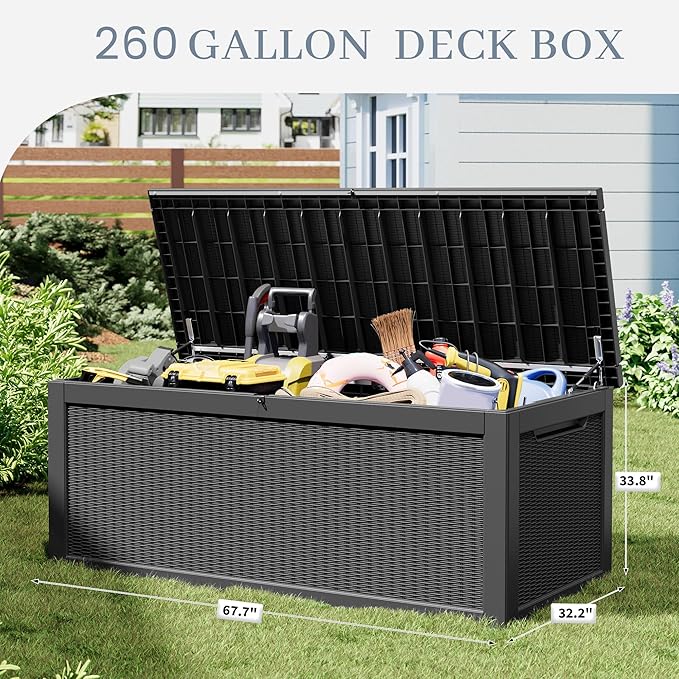 NUNU LAB 260 Gallon Outdoor Storage Box,Resin Large Sturdy Deck Box, Backyard Outside Storage Box Waterproof with Double Wall Panels,Package Delivery Garden Outdoor Hose Bin