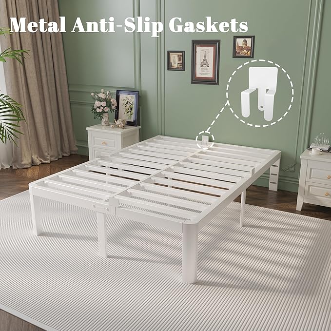 Full Size Bed Frame 14 Inch White, Metal Bed Frame Full with Gaskets, No Box Spring Needed, Heavy Duty Steel Plarform Supprt, Rounded Corner Design, Reserved Holes, Noise Free, Storage Space