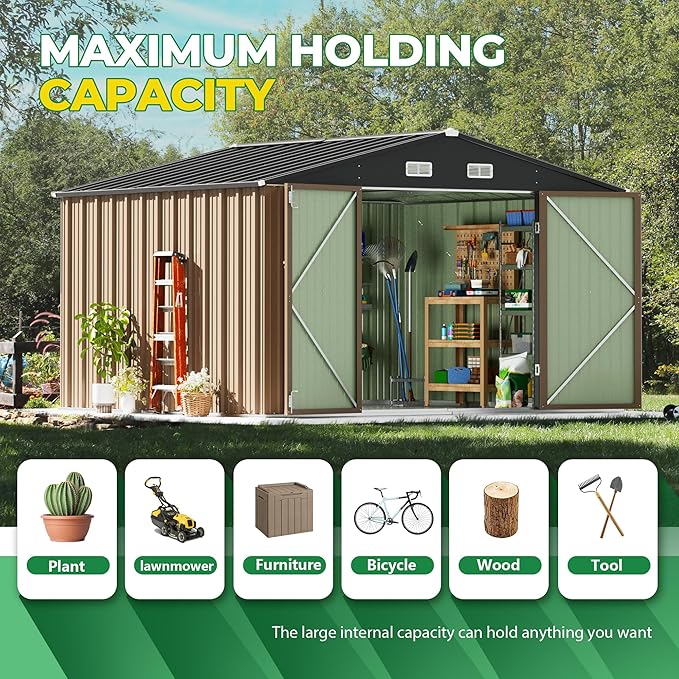 Devoko 10 x 10 FT Outdoor Storage Shed, Metal Garden Sheds & Outdoor Storage Clearance, Large Tool Shed Outdoor with Single Lockable Door for Patio Lawn Backyard (Brown)
