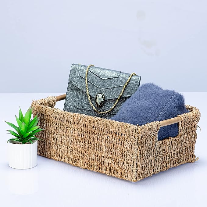 Large Natural Wicker Basket Rectangular with Wooden Handles, Seagrass Storage for Organizing, Shelves 15.5 x 10.6 x 5.5 inches