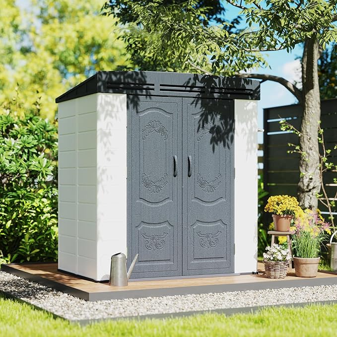 6x4FT HDPE Resin Outdoor Storage Shed with Sloped Roof, Injection Molded Plastic Lean to Garden Tool Shed, All Weather Resistant, Lockable Double Doors & Ventilation for Backyard Patio