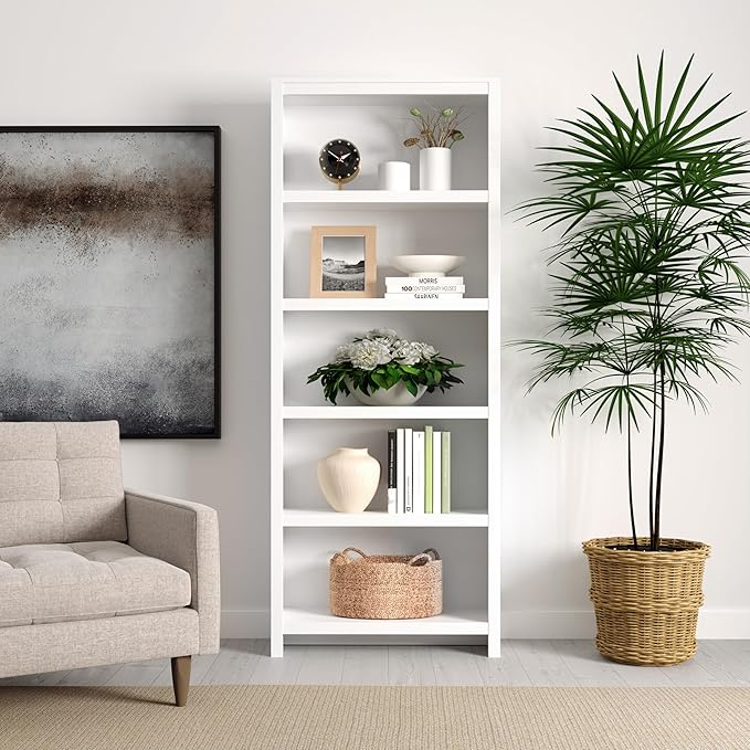 Prepac Moda 5-Tier Tall Wooden Bookcase, White Storage Cabinet, Display Cabinet, Bookshelf with Storage Shelves 31.75" W x 80" H x 12" D for Home Office, Living Room, Bedroom Organizer